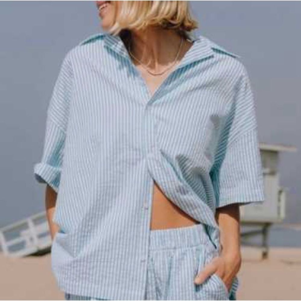 Daily Drills Seersucker Boxy Button Down Shirt Blue Nwt Xs/S
